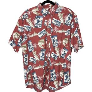 Cafe Luna Mens XL Red Tropical Fish Marlin Mahi Mahi‎ Cotton Button Down Shirt